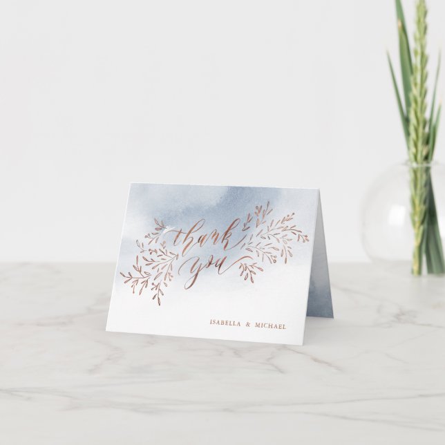 Dusty blue rustic floral calligraphy thank you card (Front)