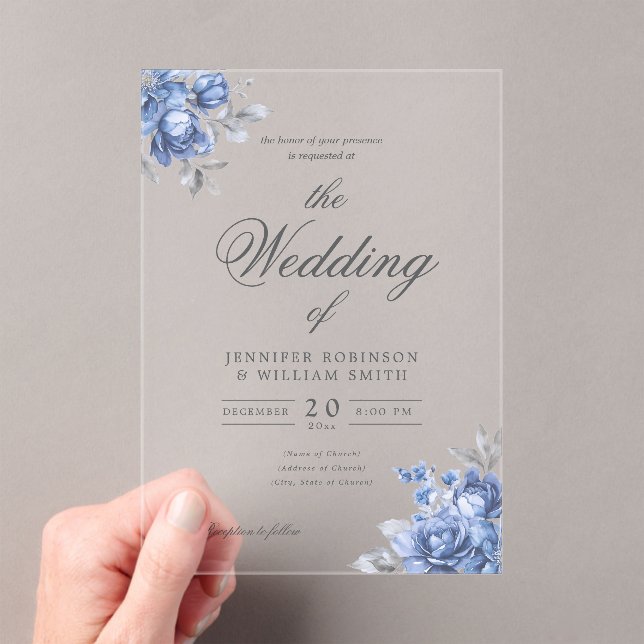 Dusty Blue Rustic Floral Elegant Script Wedding  Acrylic Invitations (Insitu (Handheld))