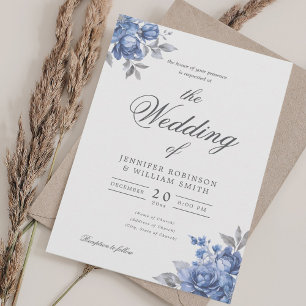 Dusty Blue Rustic Floral Elegant Script Wedding Invitation