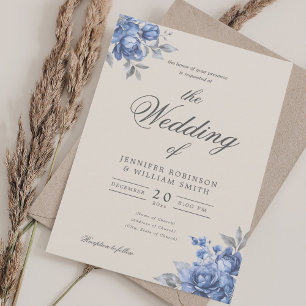 Dusty Blue Rustic Floral Elegant Script Wedding Invitation