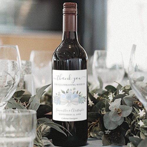 Dusty Blue Rustic Floral Elegant Wedding Thank You Wine Label