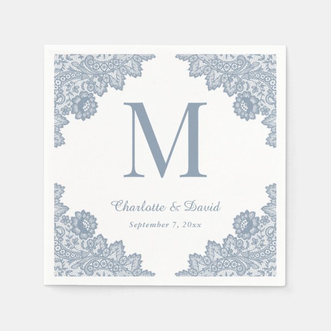Dusty Blue Rustic Floral Lace Monogram Wedding Napkins (Front)