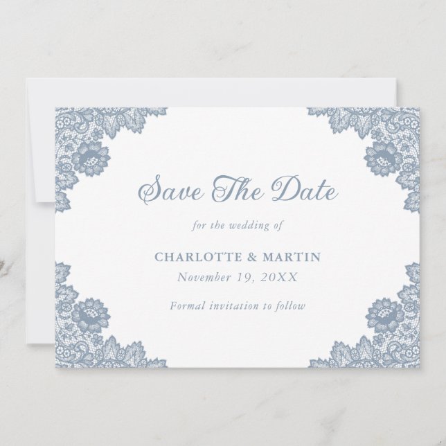 Dusty Blue Rustic Floral Lace Wedding Save The Date (Front)