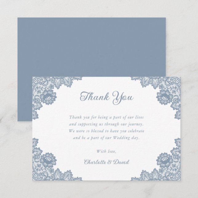 Dusty Blue Rustic Floral Lace Wedding Thank You Card (Front/Back)