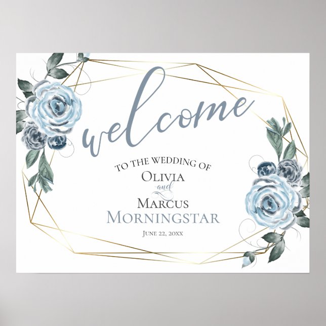 Dusty Blue Rustic Floral Wedding Welcome Poster (Front)