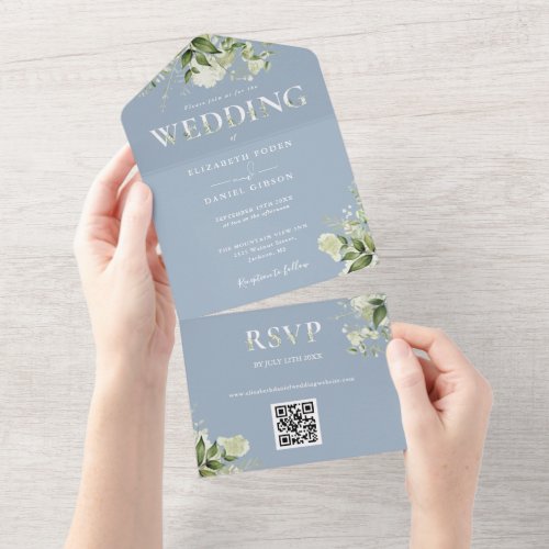 Dusty Blue Rustic Greenery QR Code Wedding All In One Invitation