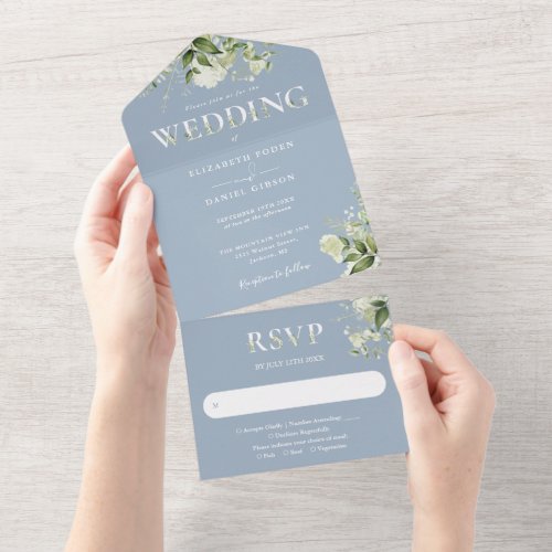 Dusty Blue Rustic Greenery Typography Wedding All In One Invitation