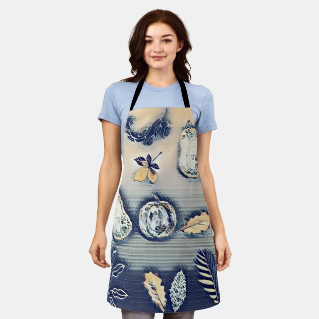 dusty blue Rustic Pumpkin & Autumn Leaf Apron (Worn)