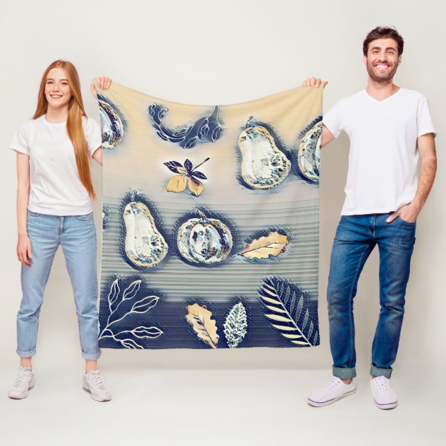 dusty blue Rustic Pumpkin & Autumn Leaf Fleece Blanket (In Situ)