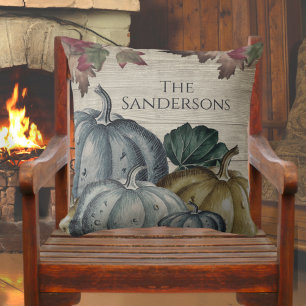 Dusty Blue Rustic Pumpkin Fall Leaves Wood Throw Pillow