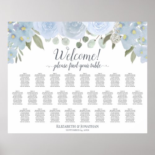 Dusty Blue Rustic Roses 25 Table Seating Chart