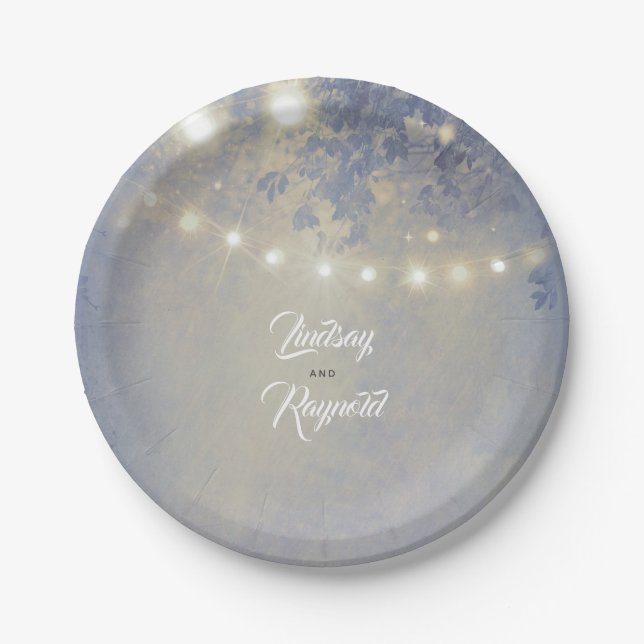 Dusty Blue Rustic String Lights Wedding Paper Plates (Front)