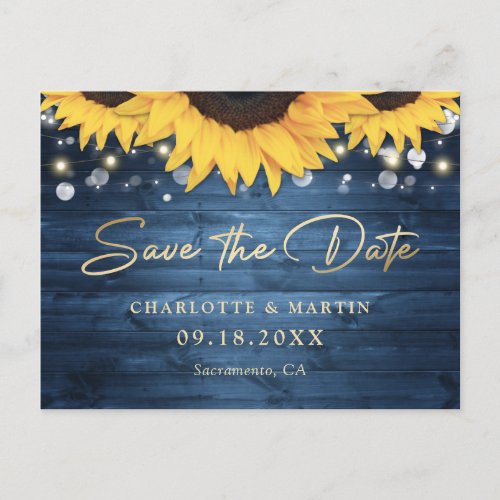Dusty Blue Rustic Sunflower Wedding Save The Date Announcement Postcard