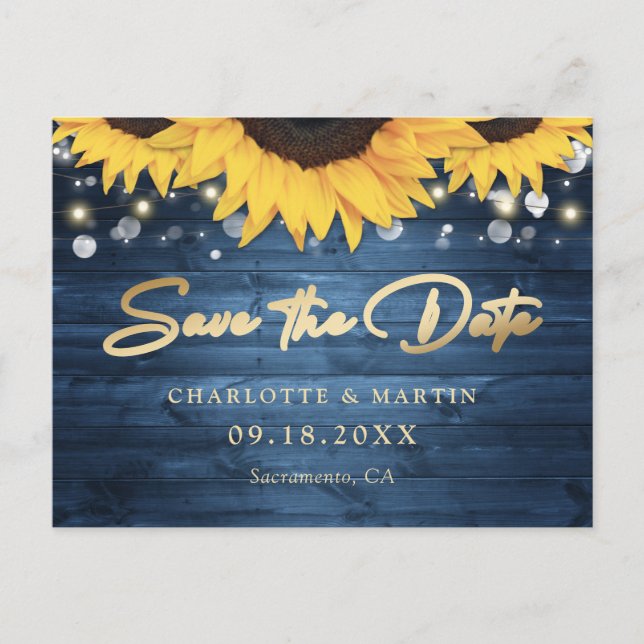 Dusty Blue Rustic Sunflower Wedding Save The Date Announcement Postcard (Front)