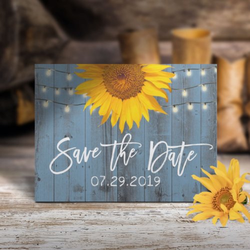 Dusty Blue Rustic Sunflower Wedding Save the Date Announcement Postcard