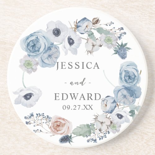  Dusty Blue Rustic Wedding Floral Coaster