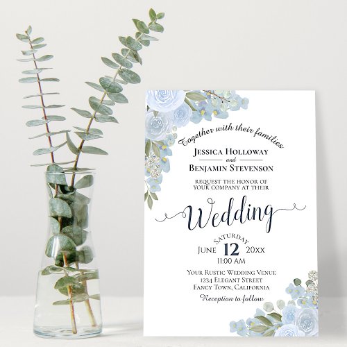Dusty Blue Rustic White Watercolor Floral Wedding Invitation