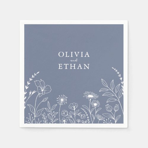 Dusty Blue Rustic Wildflowers Wedding Napkins