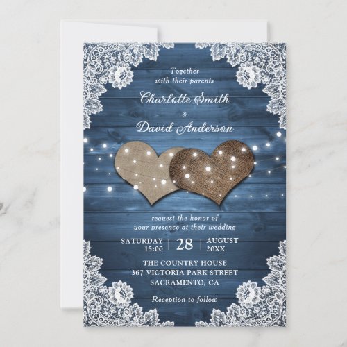 Dusty Blue Rustic Wood Burlap Lace Lights Wedding Invitation