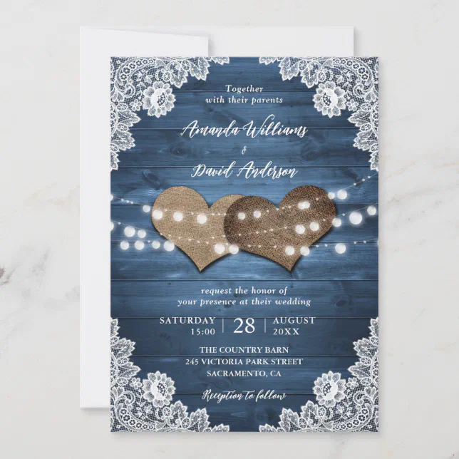 Dusty Blue Rustic Wood Burlap Lace Lights Wedding Invitation | Zazzle
