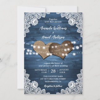 Dusty Blue Rustic Wood Burlap Lace Lights Wedding Invitation