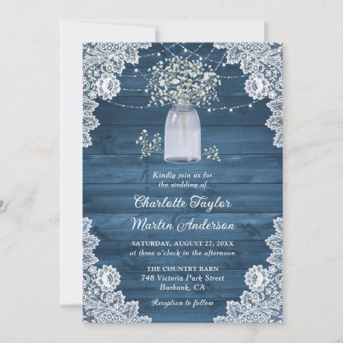 Dusty Blue Rustic Wood Lace Babys Breath Wedding Invitation