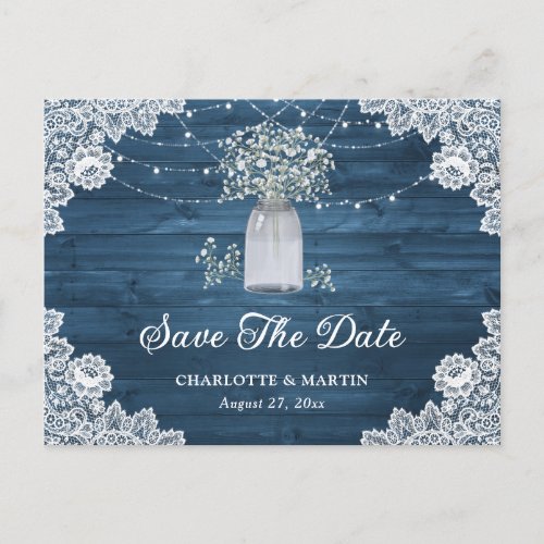 Dusty Blue Rustic Wood Mason Jar Floral Wedding Announcement Postcard