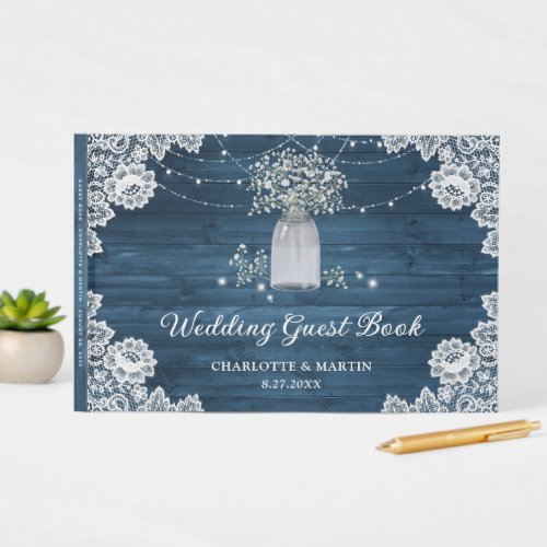 Dusty Blue Rustic Wood Mason Jar Floral Wedding Guest Book