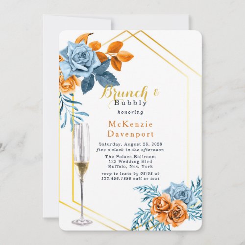 Dusty Blue  Rusty Peony Floral Brunch and Bubbly Invitation