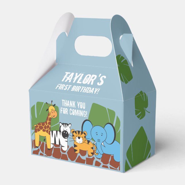 Dusty Blue Safari Animal First Birthday Party  Favor Boxes (Back Side)