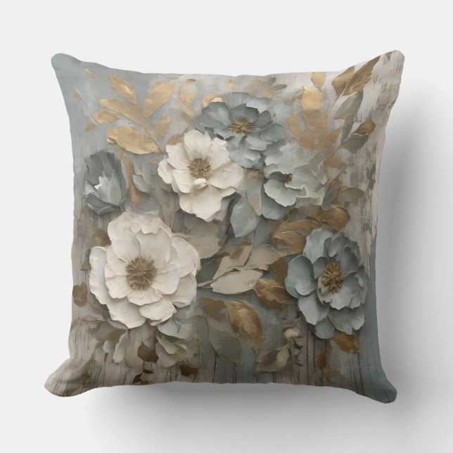 Dusty Blue Sage Gold Cream Farmhouse Floral Throw Pillow (Front)