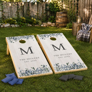 Dusty Blue & Sage Green Botanical Family Monogram Cornhole Set