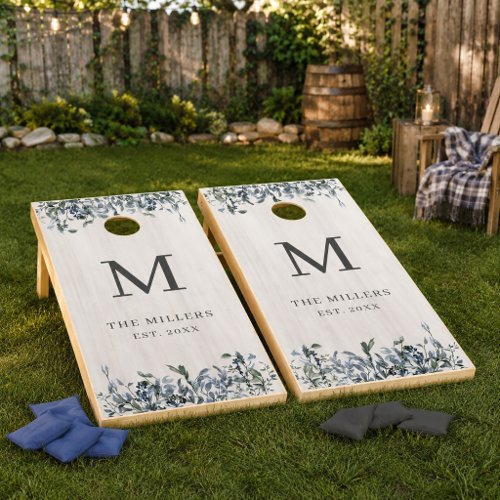 Dusty Blue & Sage Green Botanical Family Monogram Cornhole Set