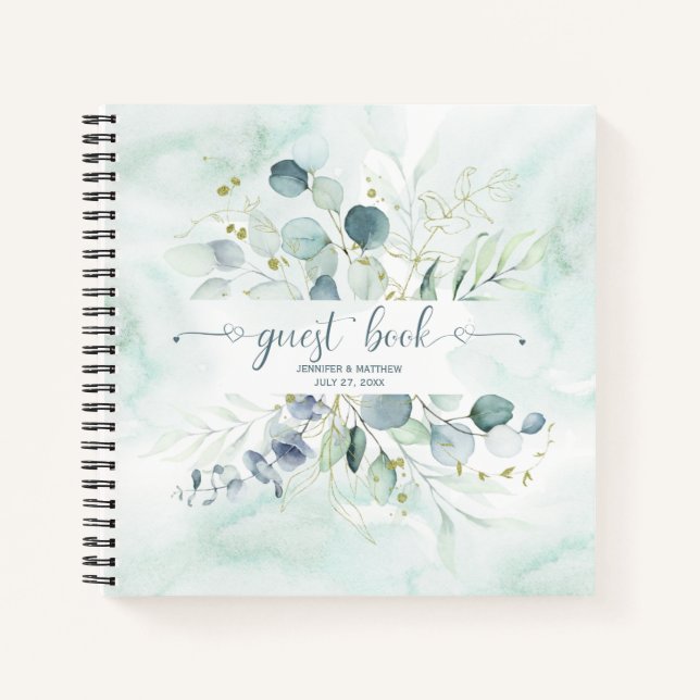 Dusty Blue Sage Green Eucalyptus Botanical Guest Notebook (Front)