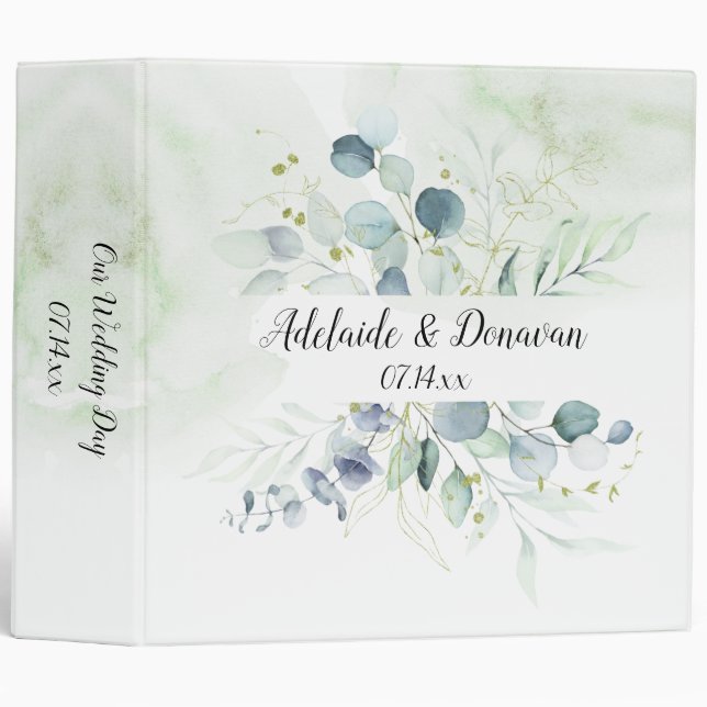Dusty Blue Sage Green Eucalyptus Botanical Wedding 3 Ring Binder (Front/Spine)