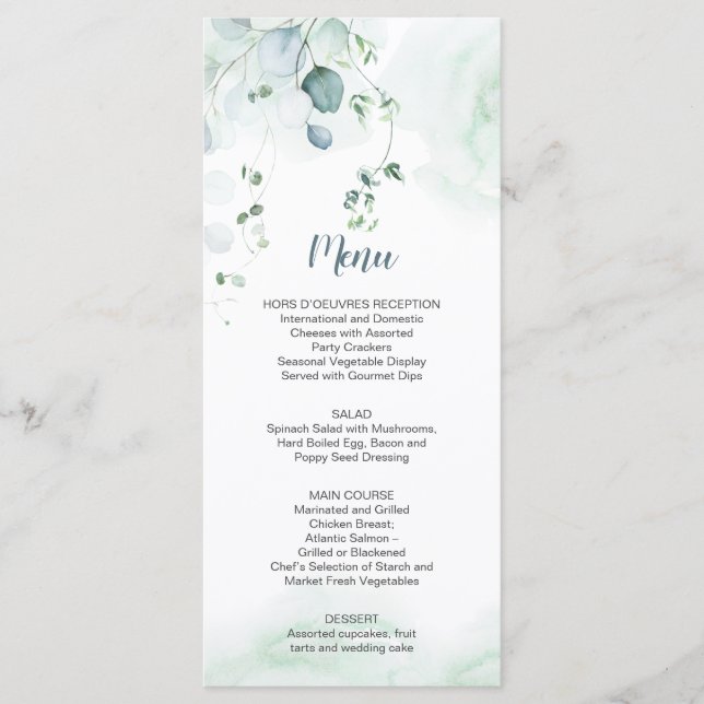 Dusty Blue Sage Green Eucalyptus Botanical Wedding Menu (Front)