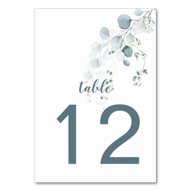 Dusty Blue & Sage Green Eucalyptus Botanical White Table Number (Front)
