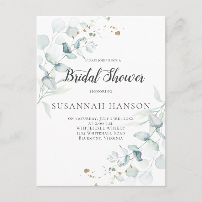 Dusty Blue Sage Green Eucalyptus Bridal Shower | Postcard (Front)