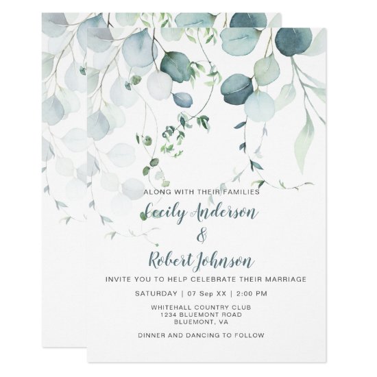 Dusty Blue & Sage Green Eucalyptus on White Invitation