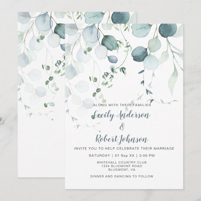 Dusty Blue & Sage Green Eucalyptus on White Invitation (Front/Back)