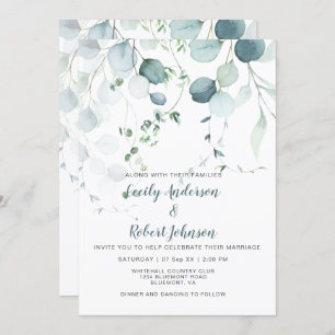 Dusty Blue & Sage Green Eucalyptus on White Invitation