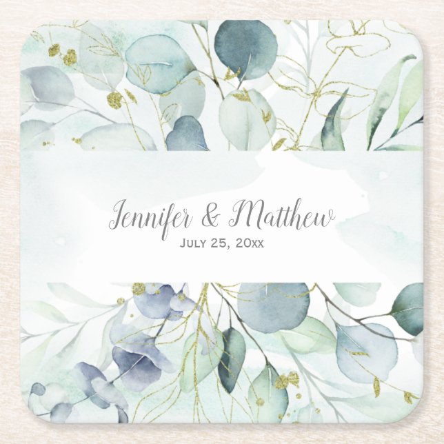 Dusty Blue Sage Green Eucalyptus Wedding Square Paper Coaster (Front)
