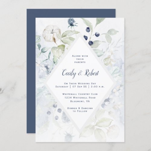 Dusty Blue Sage Green Floral Diamond Frame Wedding Invitation