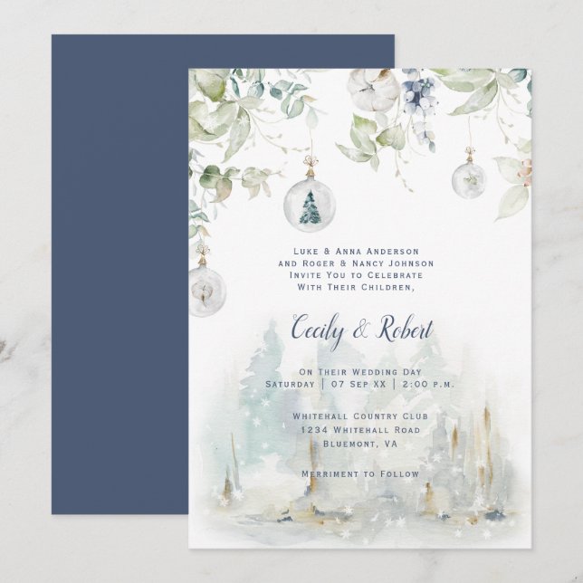 Dusty Blue Sage Green Floral Snow Globes Wedding Invitation (Front/Back)