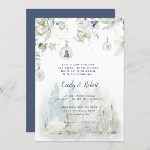 Dusty Blue Sage Green Floral Snow Globes Wedding Invitation