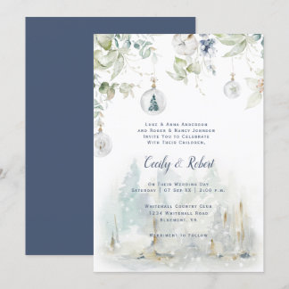 Dusty Blue Sage Green Floral Snow Globes Wedding Invitation