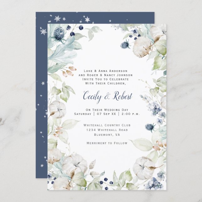 Dusty Blue Sage Green Floral Snowflakes Wedding Invitation (Front/Back)