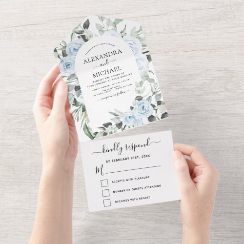 Dusty Blue _ Sage Green Floral Wedding RSVP All In All In One Invitation