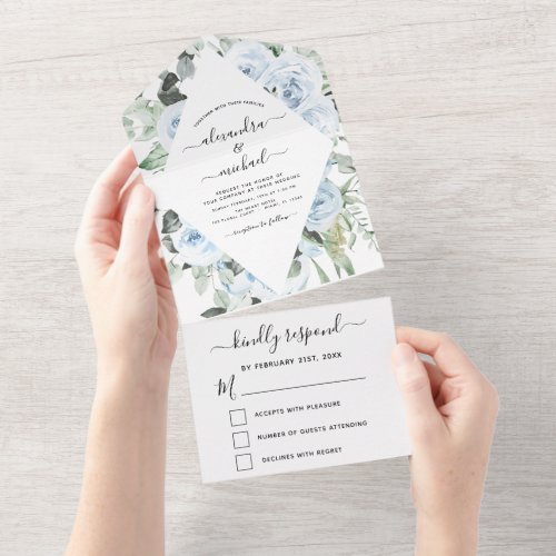 Dusty Blue _ Sage Green Floral Wedding RSVP All In One Invitation