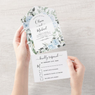 Dusty Blue - Sage Green Floral Wedding RSVP All In One Invitation
